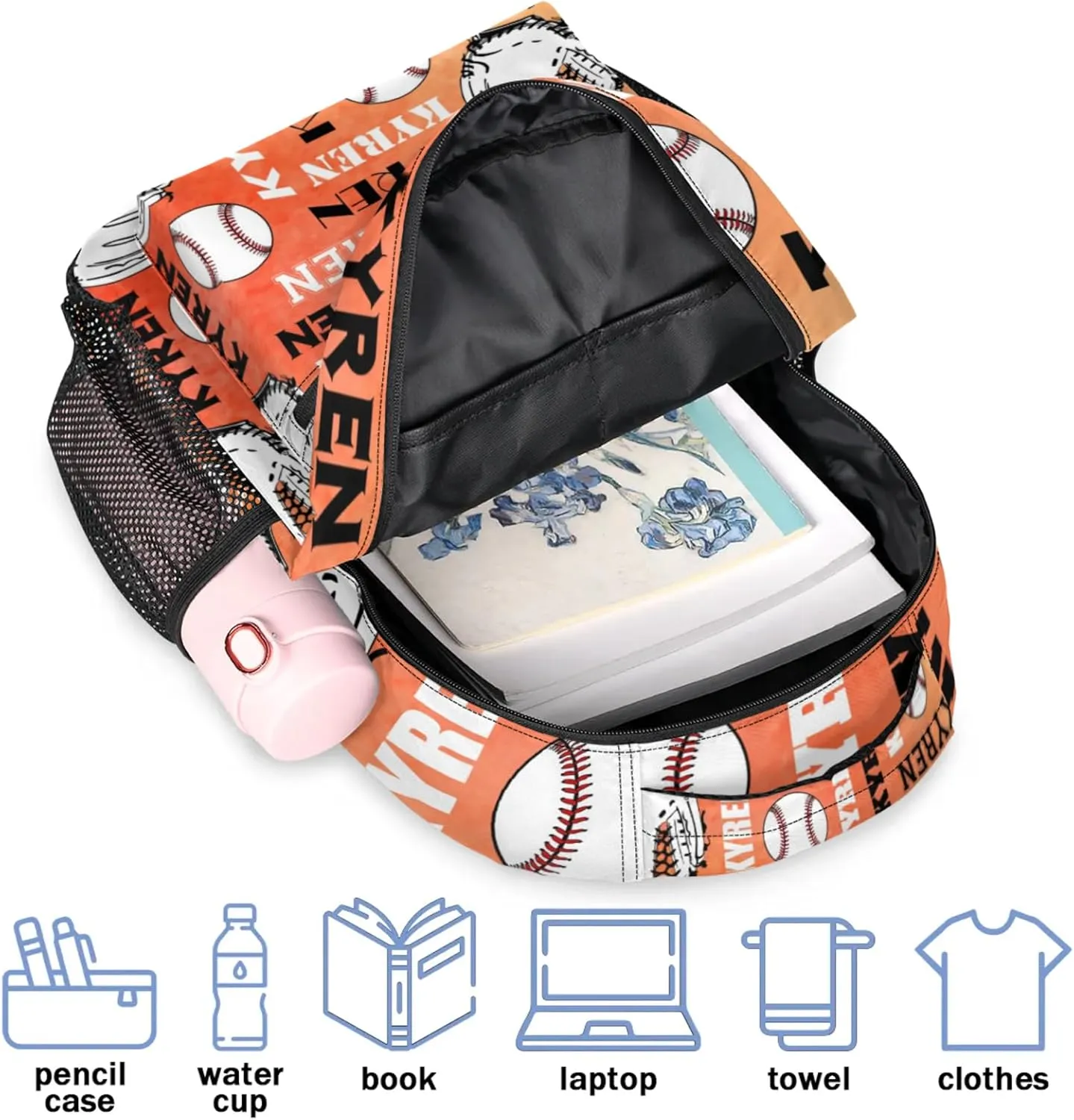 Custom Baseball Backpack for Men Women, Personalized Name Laptop Backpack, Sports Bag Lightweight Daypack for Travel Camping, Dark Orange