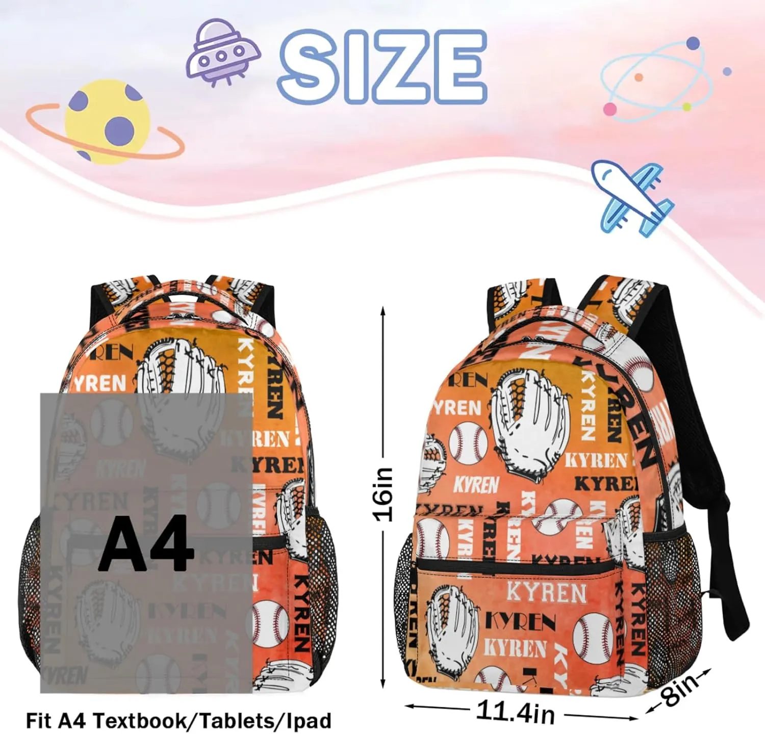 Custom Baseball Backpack for Men Women, Personalized Name Laptop Backpack, Sports Bag Lightweight Daypack for Travel Camping, Dark Orange