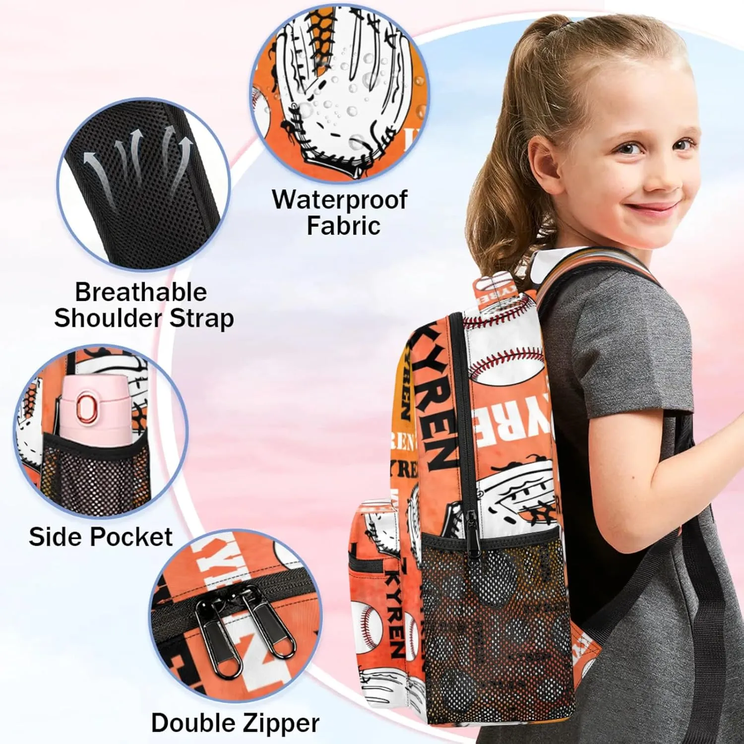 Custom Baseball Backpack for Men Women, Personalized Name Laptop Backpack, Sports Bag Lightweight Daypack for Travel Camping, Dark Orange