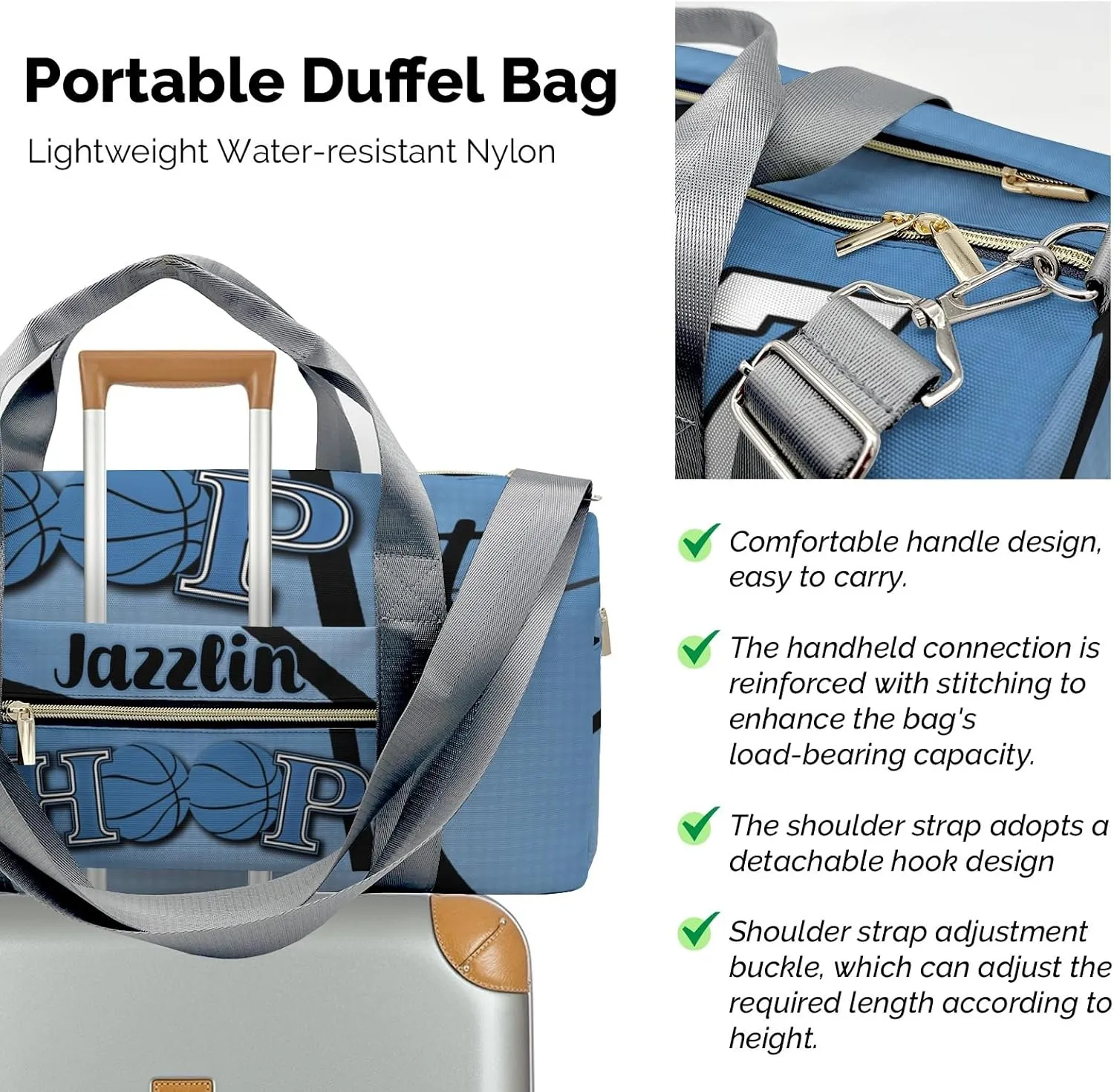 Custom Duffel Bag Sports Hoop it Basketball Navy Gym Bag Personalized Gift for Travel