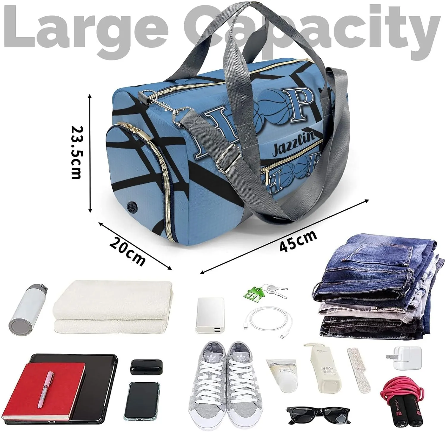 Custom Duffel Bag Sports Hoop it Basketball Navy Gym Bag Personalized Gift for Travel