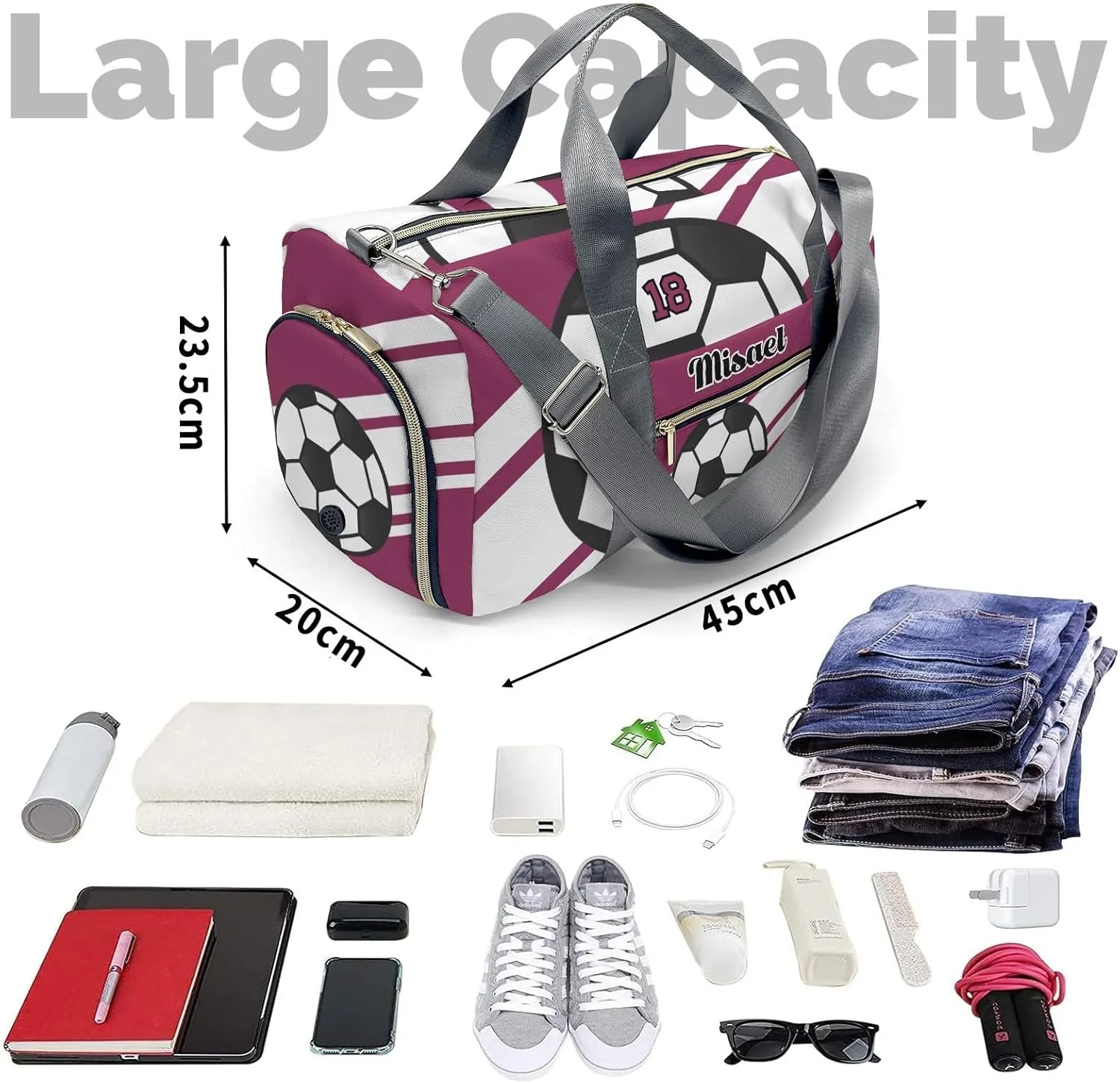Custom Duffel Overnight Travel Bag for Sports Workout Girls Boys,Sport Soccer Player Number Plum Red Personalized Duffle Bag Gifts