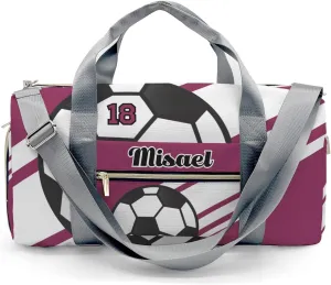 Custom Duffel Overnight Travel Bag for Sports Workout Girls Boys,Sport Soccer Player Number Plum Red Personalized Duffle Bag Gifts