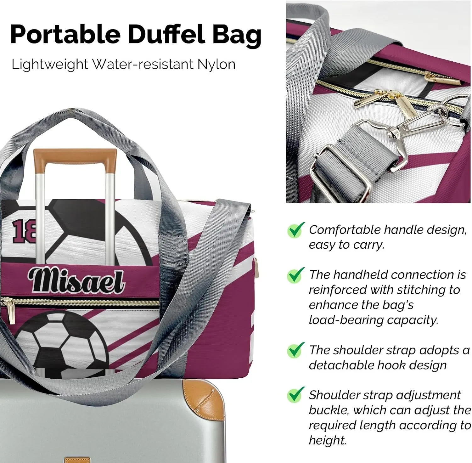 Custom Duffel Overnight Travel Bag for Sports Workout Girls Boys,Sport Soccer Player Number Plum Red Personalized Duffle Bag Gifts