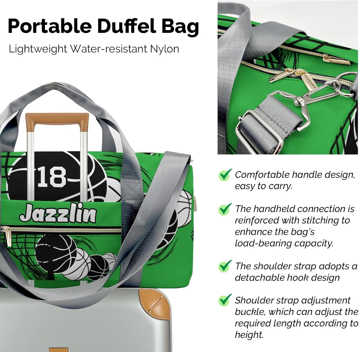 Custom Gift Sport Player Duffel Bag for Basketball Grass Green Travel Weekender Bag,Carry On Bag for Business Trips Sports Bag