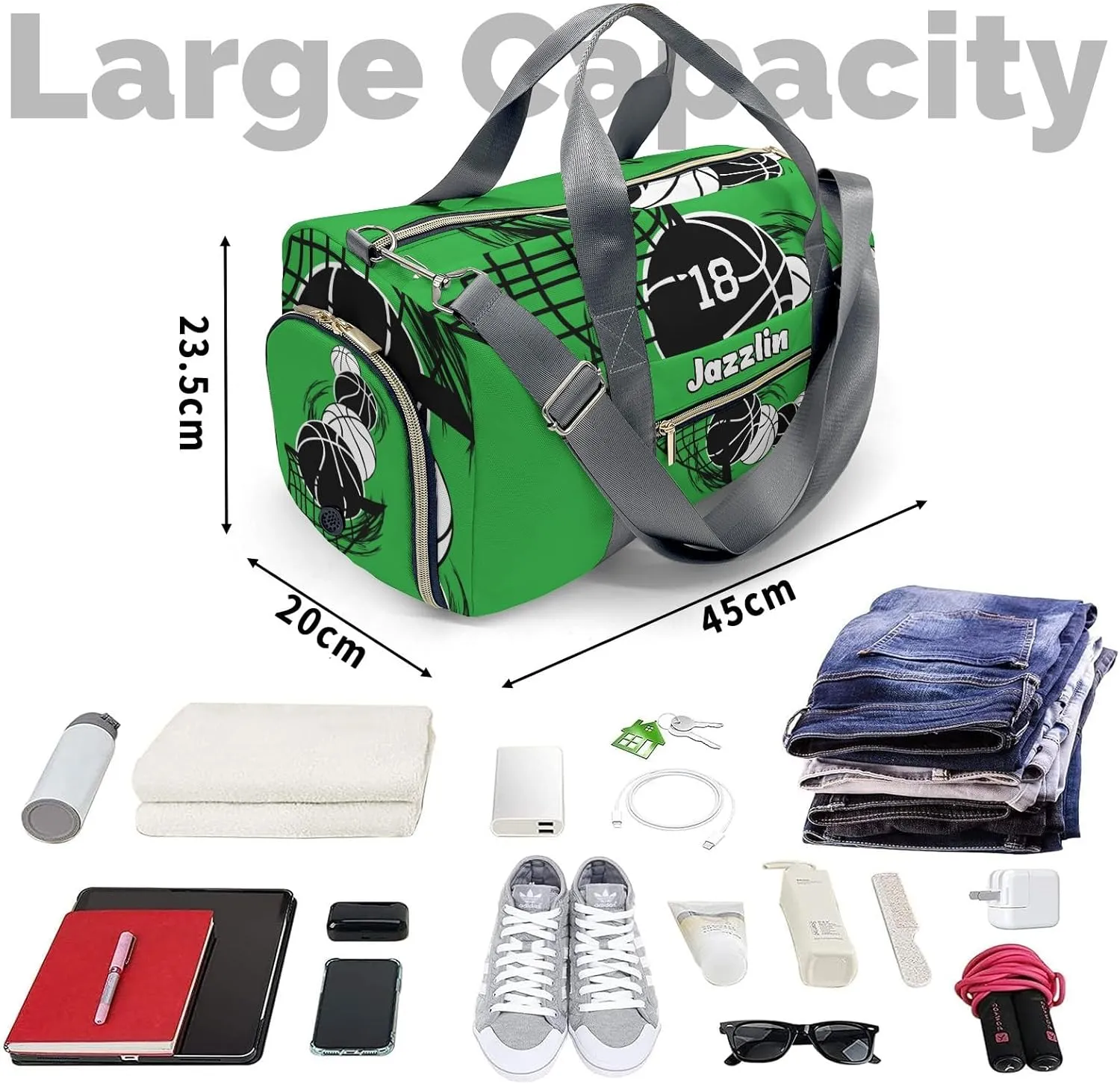 Custom Gift Sport Player Duffel Bag for Basketball Grass Green Travel Weekender Bag,Carry On Bag for Business Trips Sports Bag