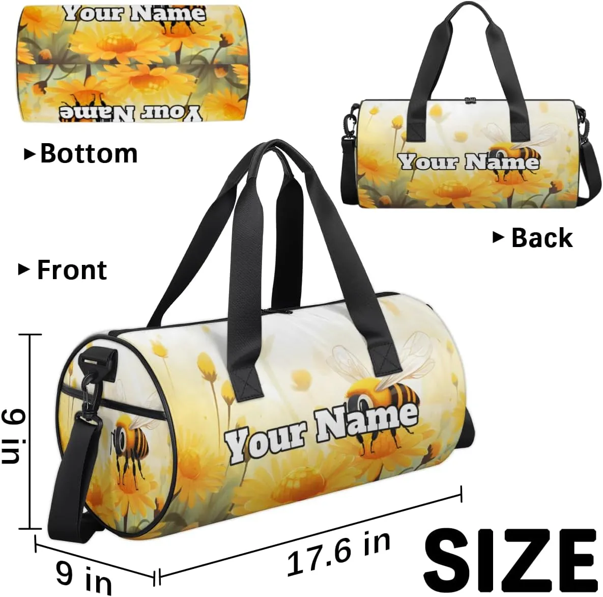 Custom Gym Bag for Women Men with Name, Personalized Bee Duffel Bag for Sports, Waterproof Dance Bag, Lightweight Carryon Gym Bag, Yellow Flowers