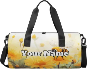 Custom Gym Bag for Women Men with Name, Personalized Bee Duffel Bag for Sports, Waterproof Dance Bag, Lightweight Carryon Gym Bag, Yellow Flowers