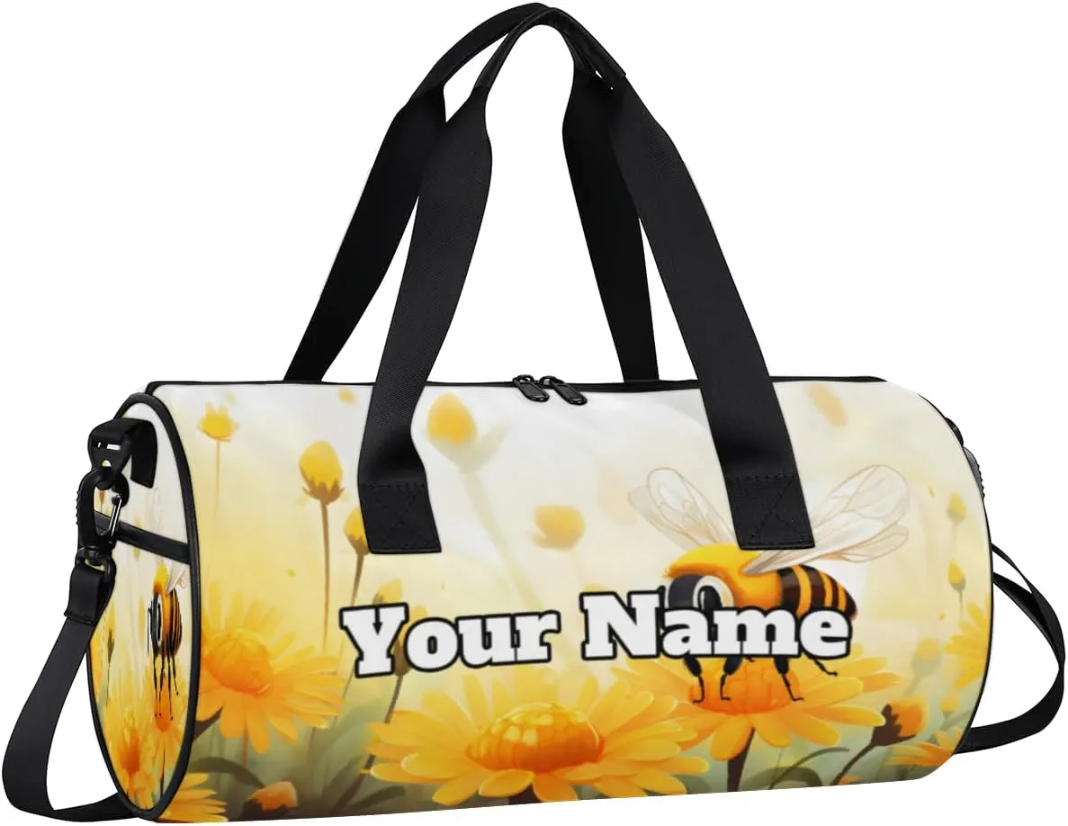 Custom Gym Bag for Women Men with Name, Personalized Bee Duffel Bag for Sports, Waterproof Dance Bag, Lightweight Carryon Gym Bag, Yellow Flowers