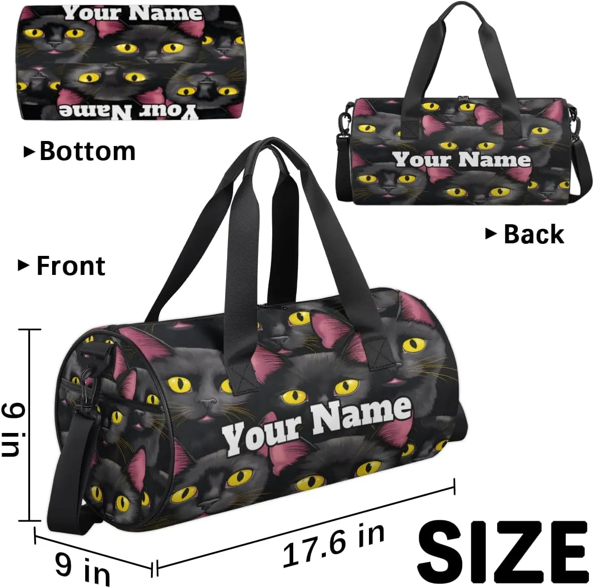 Custom Gym Bag for Women Men with Name, Personalized Black Cat Print Duffel Bag for Sports, Waterproof Dance Bag, Lightweight Carryon Gym Bag, Funny Cat