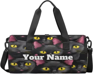 Custom Gym Bag for Women Men with Name, Personalized Black Cat Print Duffel Bag for Sports, Waterproof Dance Bag, Lightweight Carryon Gym Bag, Funny Cat