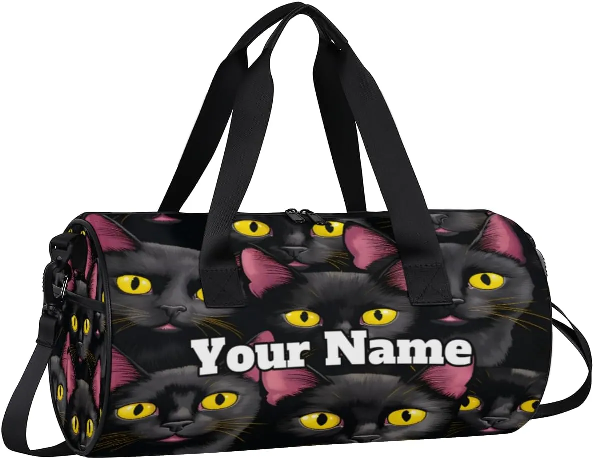 Custom Gym Bag for Women Men with Name, Personalized Black Cat Print Duffel Bag for Sports, Waterproof Dance Bag, Lightweight Carryon Gym Bag, Funny Cat