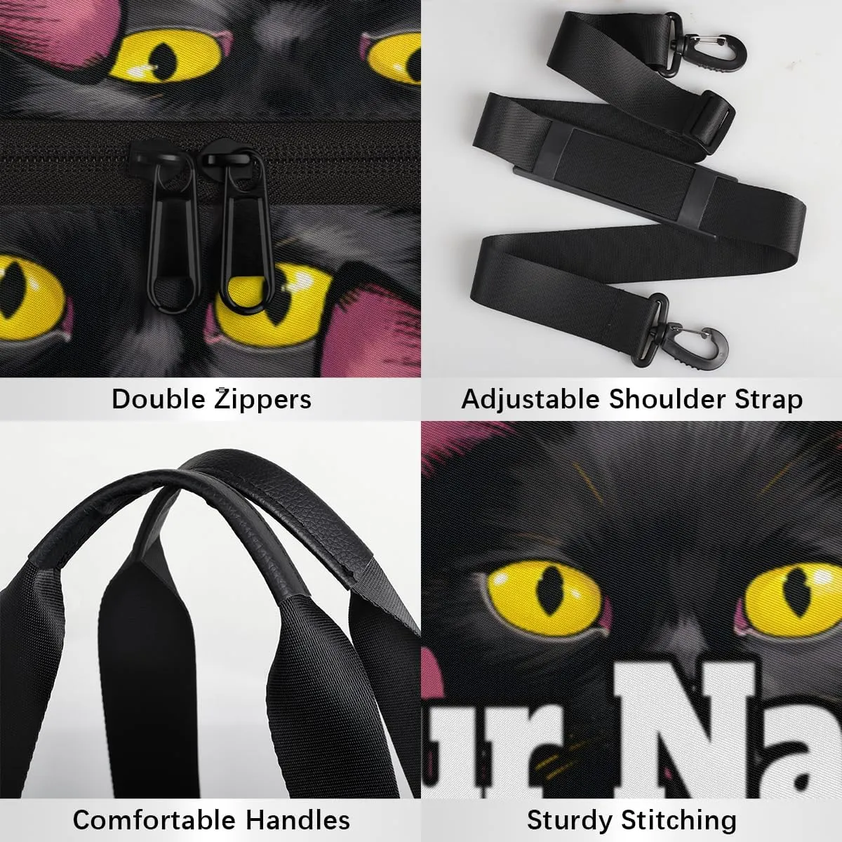 Custom Gym Bag for Women Men with Name, Personalized Black Cat Print Duffel Bag for Sports, Waterproof Dance Bag, Lightweight Carryon Gym Bag, Funny Cat