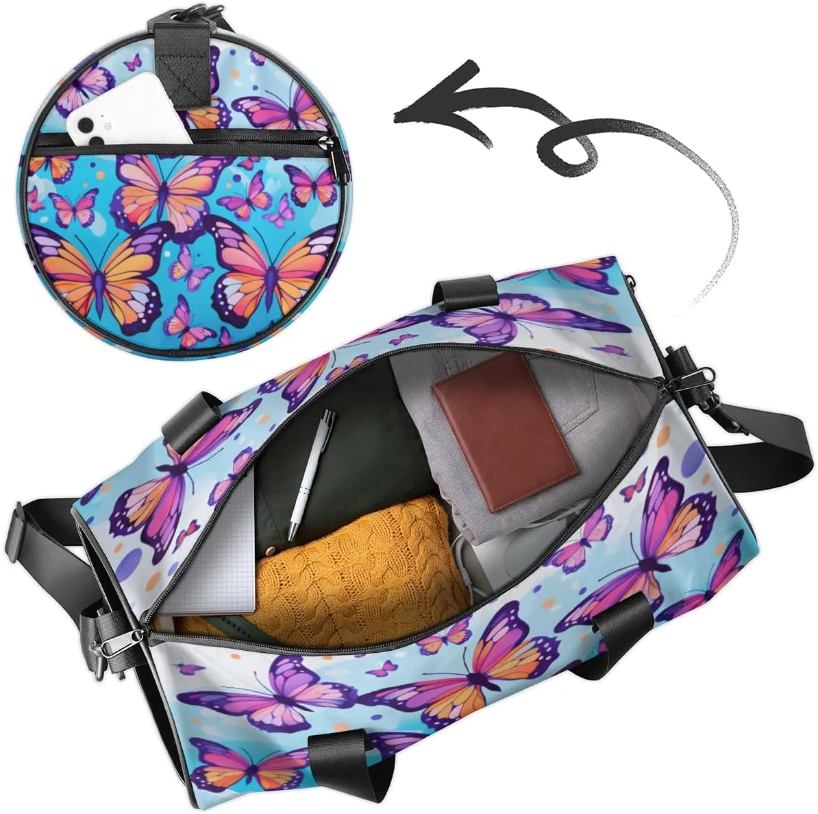 Custom Gym Bag for Women Men with Name, Personalized Butterfly Pattern Duffel Bag for Sports, Waterproof Dance Bag, Lightweight Carryon Gym Bag, Butterfly