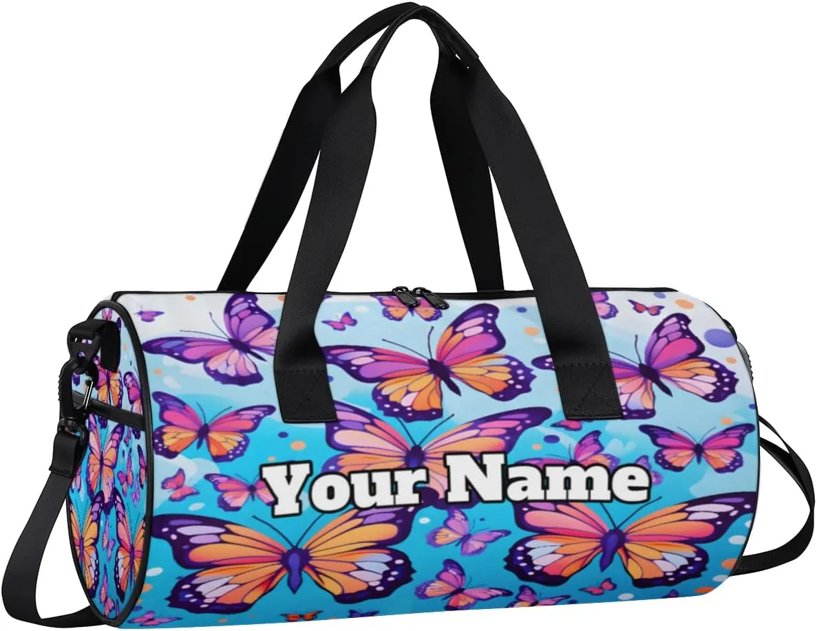 Custom Gym Bag for Women Men with Name, Personalized Butterfly Pattern Duffel Bag for Sports, Waterproof Dance Bag, Lightweight Carryon Gym Bag, Butterfly