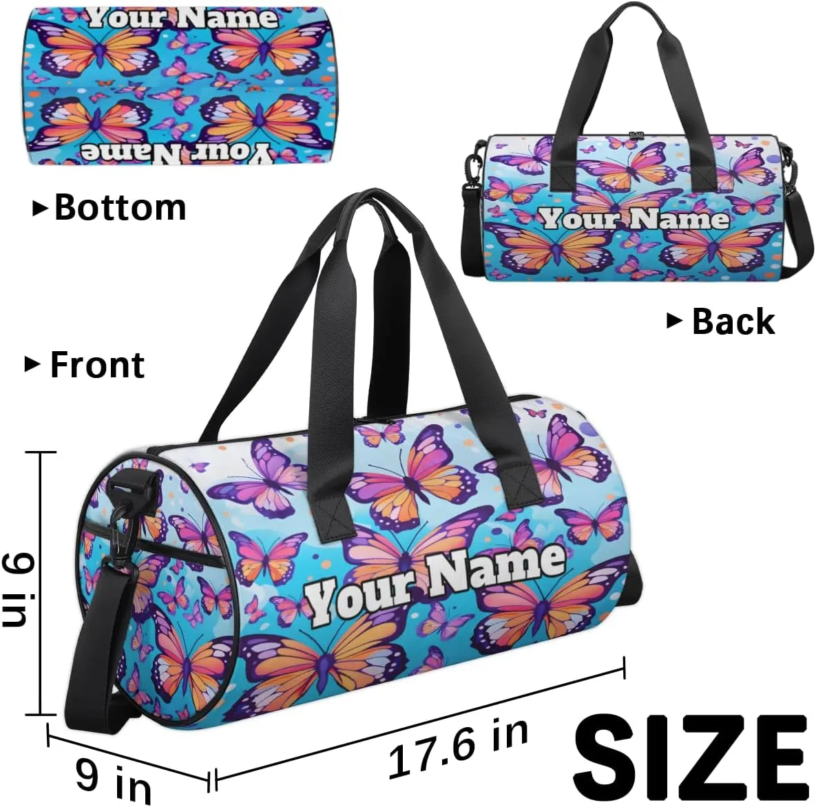 Custom Gym Bag for Women Men with Name, Personalized Butterfly Pattern Duffel Bag for Sports, Waterproof Dance Bag, Lightweight Carryon Gym Bag, Butterfly