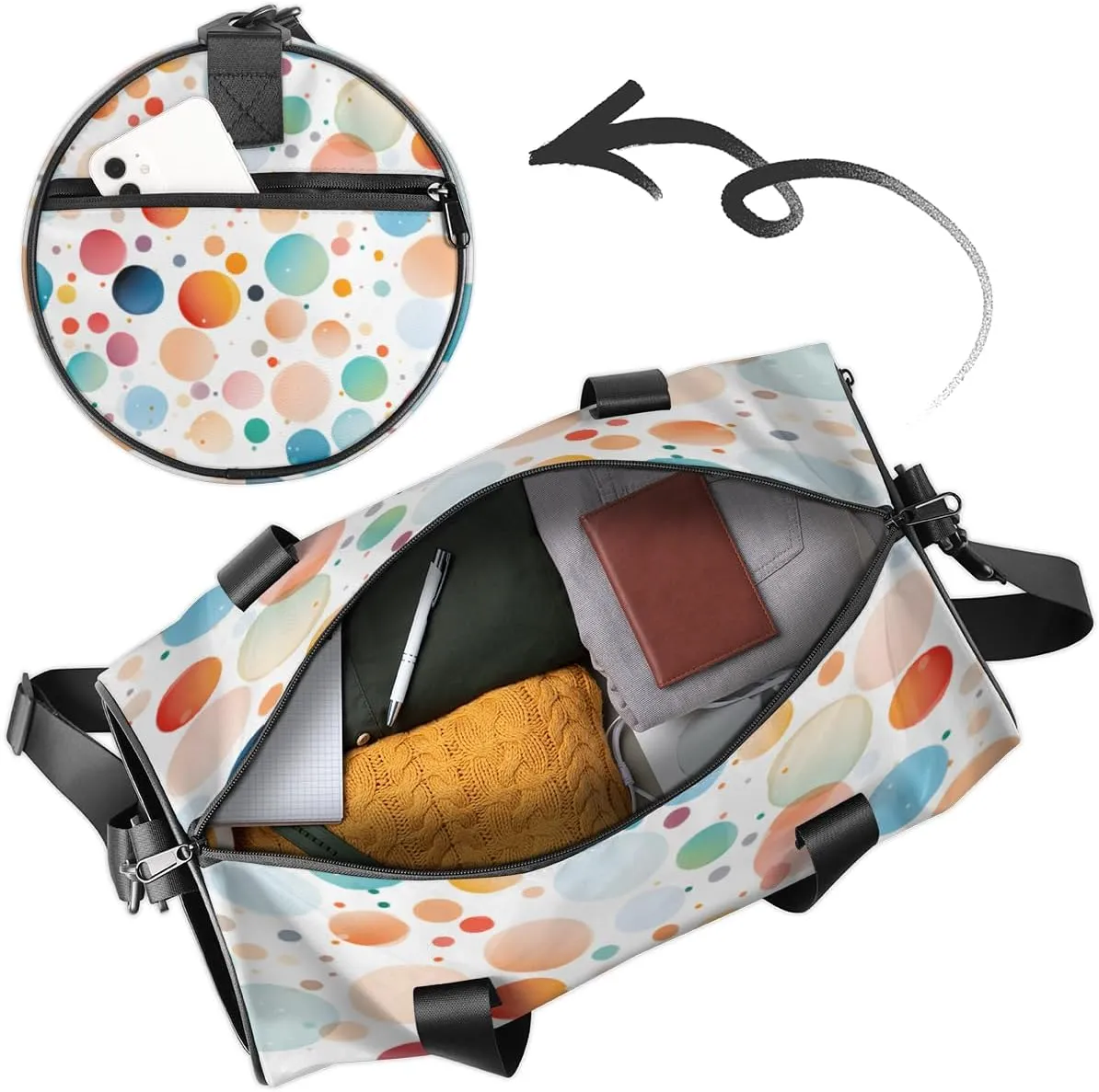 Custom Gym Bag for Women Men with Name, Personalized Colorful Dots Duffel Bag for Sports, Waterproof Dance Bag, Lightweight Carryon Gym Bag, Dots Theme
