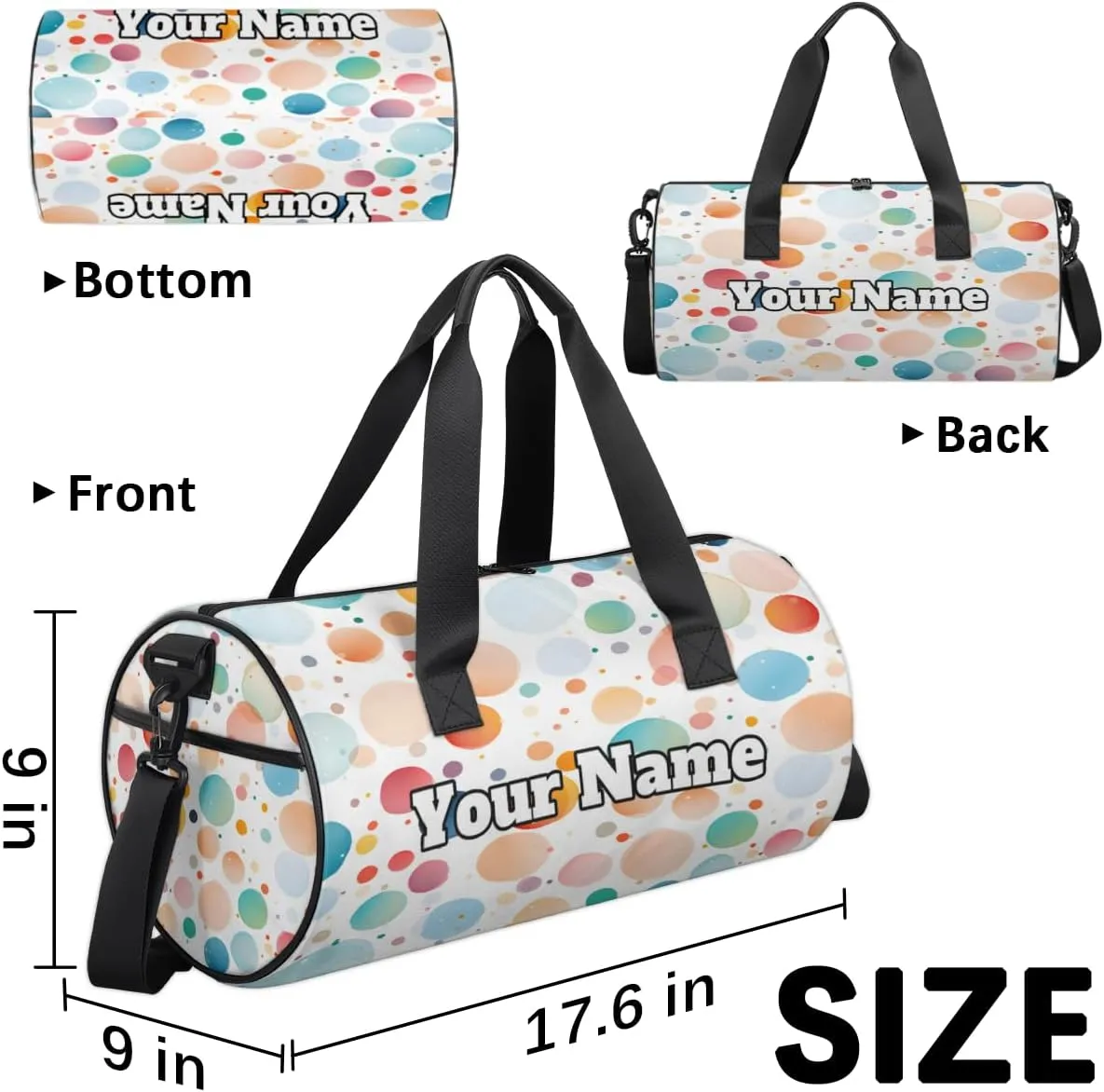 Custom Gym Bag for Women Men with Name, Personalized Colorful Dots Duffel Bag for Sports, Waterproof Dance Bag, Lightweight Carryon Gym Bag, Dots Theme
