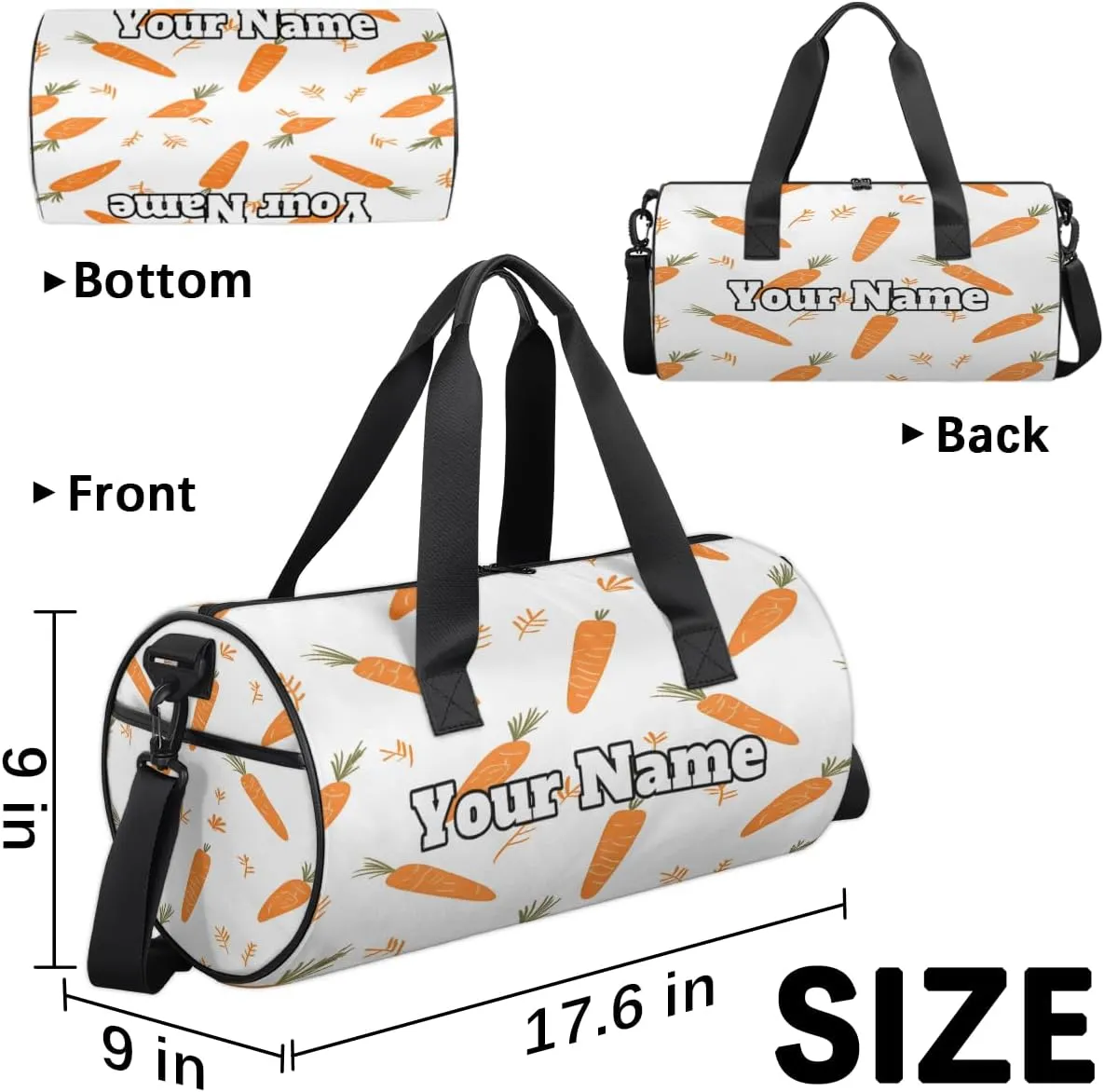 Custom Gym Bag for Women Men with Name, Personalized Cute Carrot Duffel Bag for Sports, Waterproof Dance Bag, Lightweight Carryon Gym Bag, Carrot Print