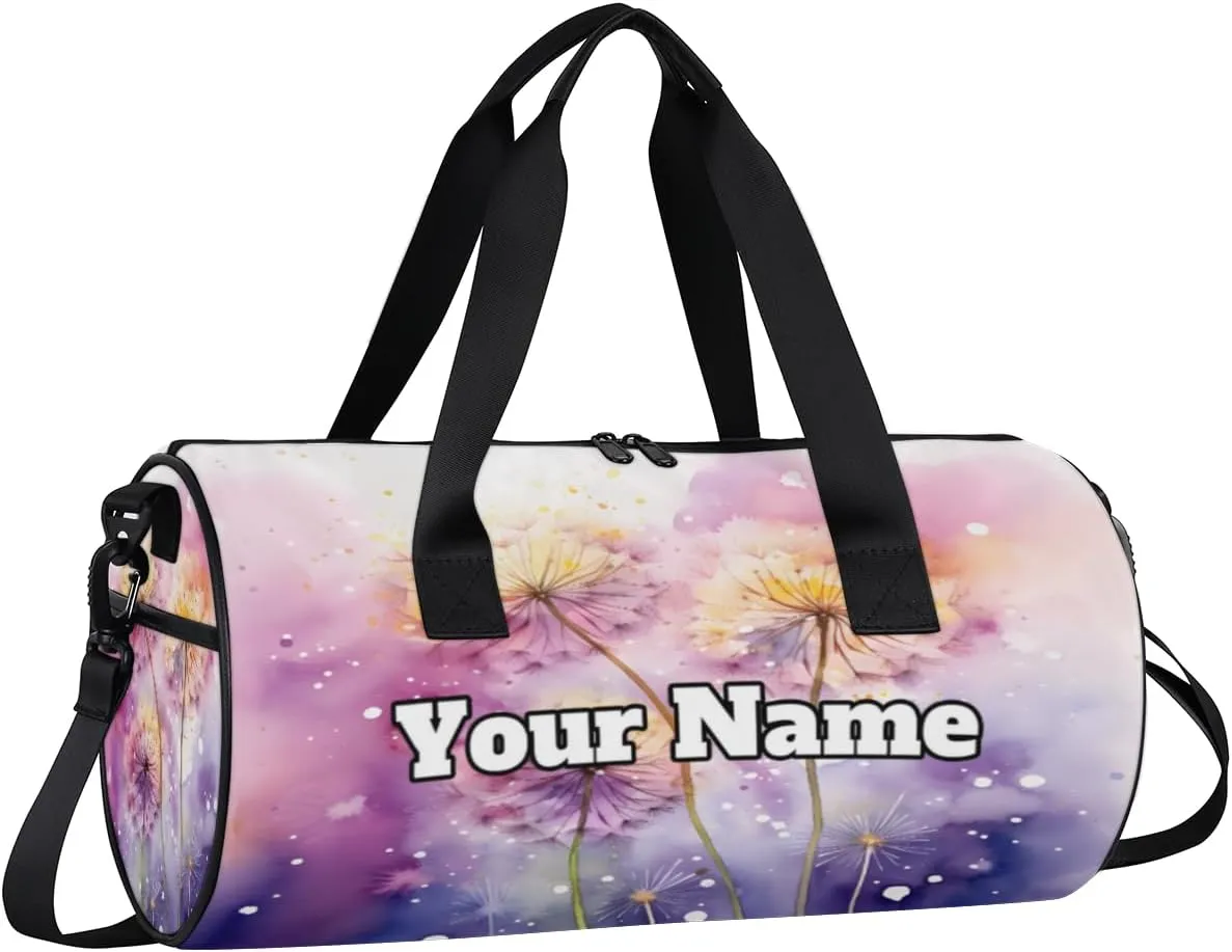 Custom Gym Bag for Women Men with Name, Personalized Dandelion Duffel Bag for Sports, Waterproof Dance Bag, Lightweight Carryon Gym Bag, Flowers