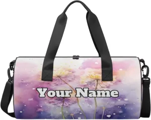 Custom Gym Bag for Women Men with Name, Personalized Dandelion Duffel Bag for Sports, Waterproof Dance Bag, Lightweight Carryon Gym Bag, Flowers