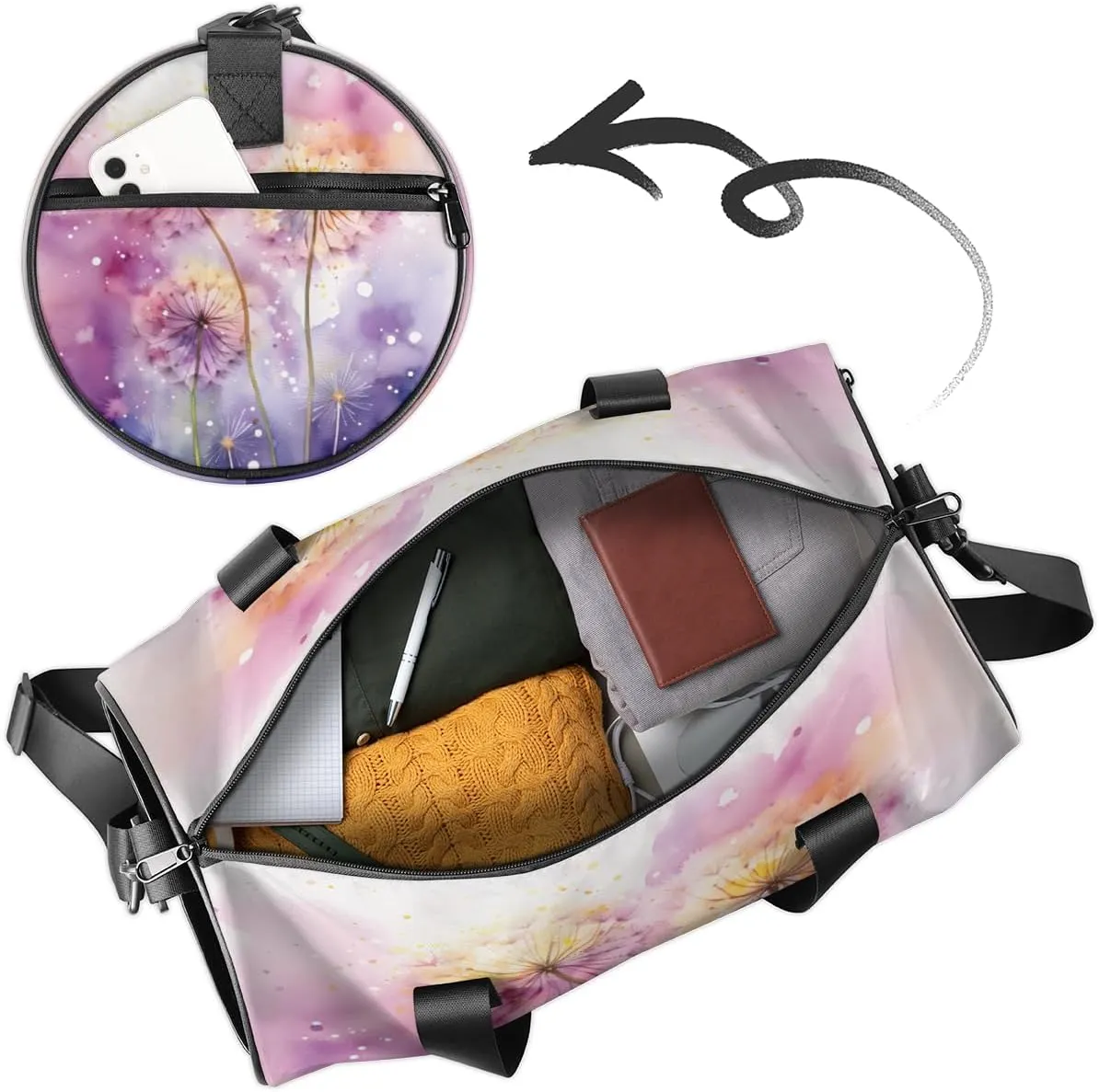 Custom Gym Bag for Women Men with Name, Personalized Dandelion Duffel Bag for Sports, Waterproof Dance Bag, Lightweight Carryon Gym Bag, Flowers