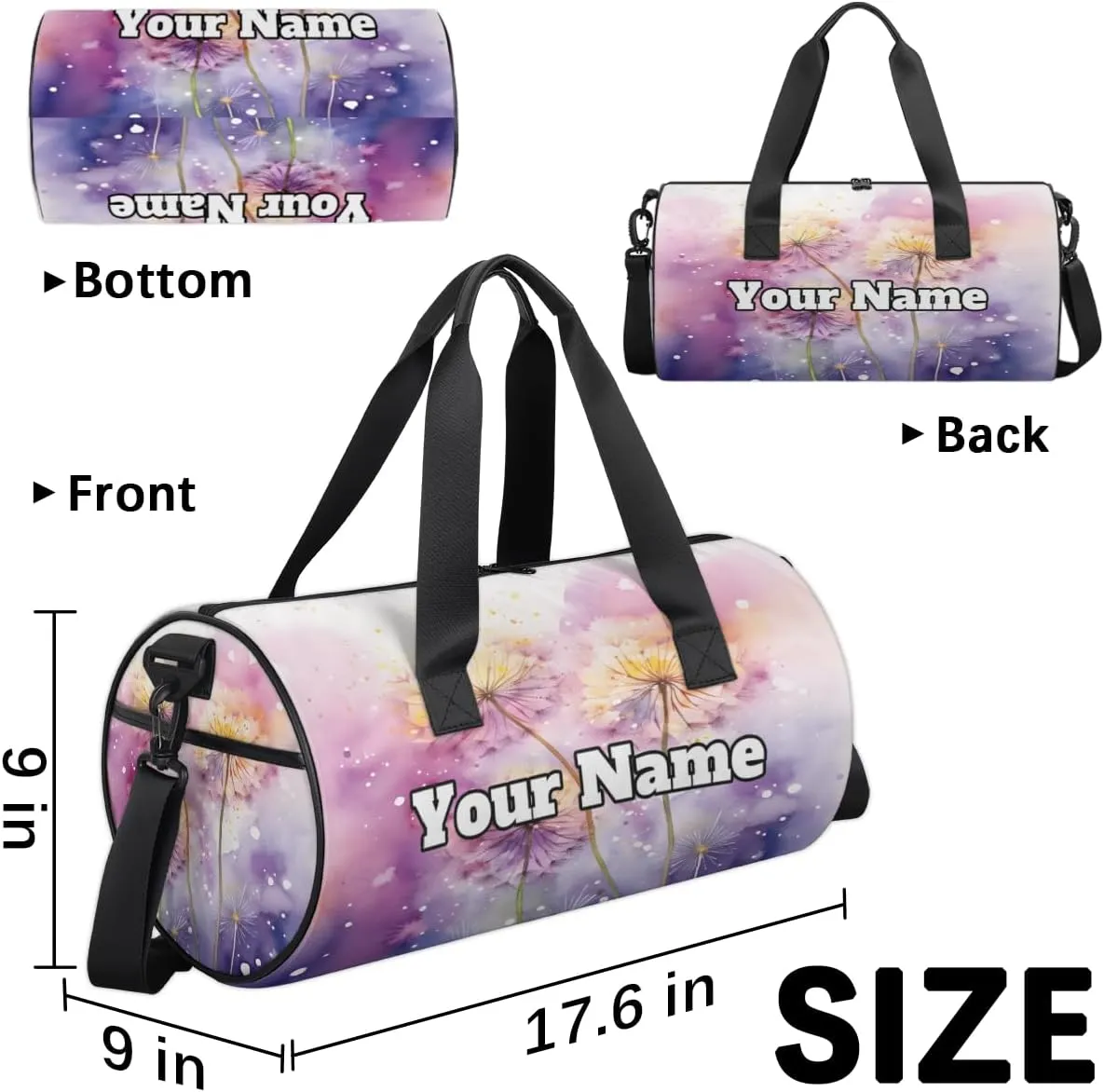 Custom Gym Bag for Women Men with Name, Personalized Dandelion Duffel Bag for Sports, Waterproof Dance Bag, Lightweight Carryon Gym Bag, Flowers