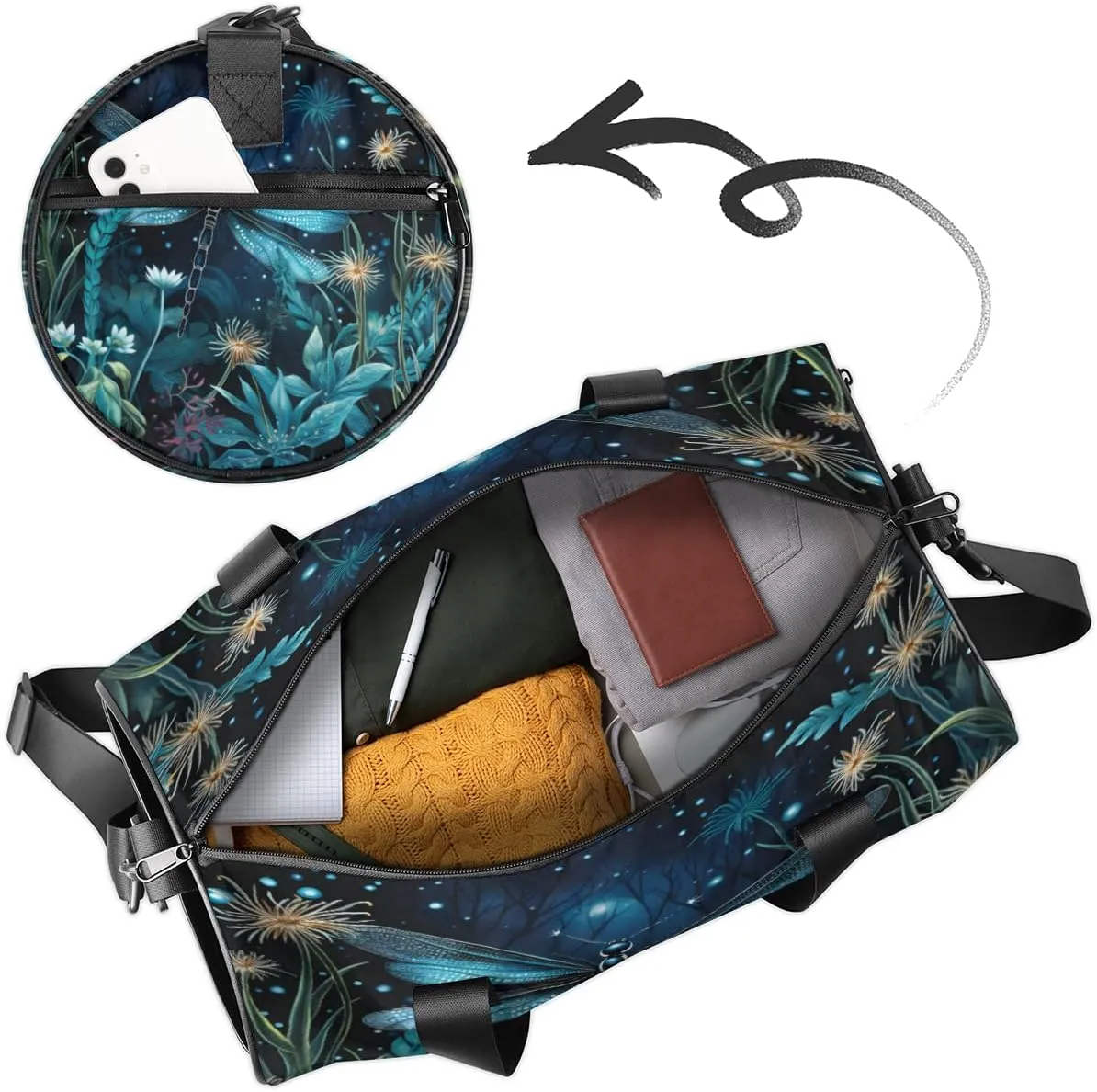 Custom Gym Bag for Women Men with Name, Personalized Dragonfly Duffel Bag for Sports, Waterproof Dance Bag, Lightweight Carryon Gym Bag, Spring Floral