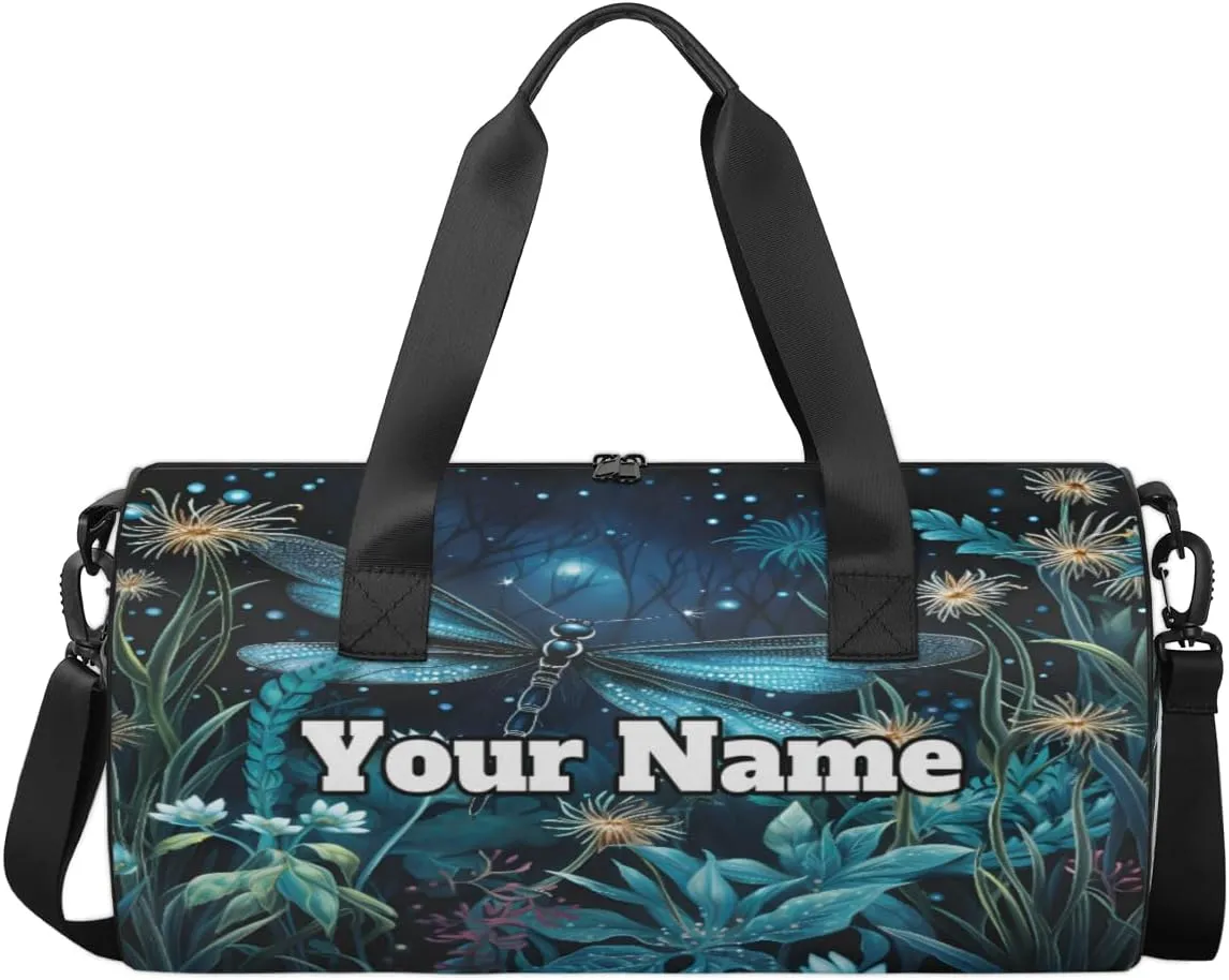 Custom Gym Bag for Women Men with Name, Personalized Dragonfly Duffel Bag for Sports, Waterproof Dance Bag, Lightweight Carryon Gym Bag, Spring Floral