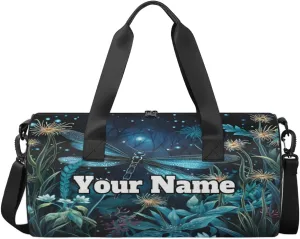 Custom Gym Bag for Women Men with Name, Personalized Dragonfly Duffel Bag for Sports, Waterproof Dance Bag, Lightweight Carryon Gym Bag, Spring Floral