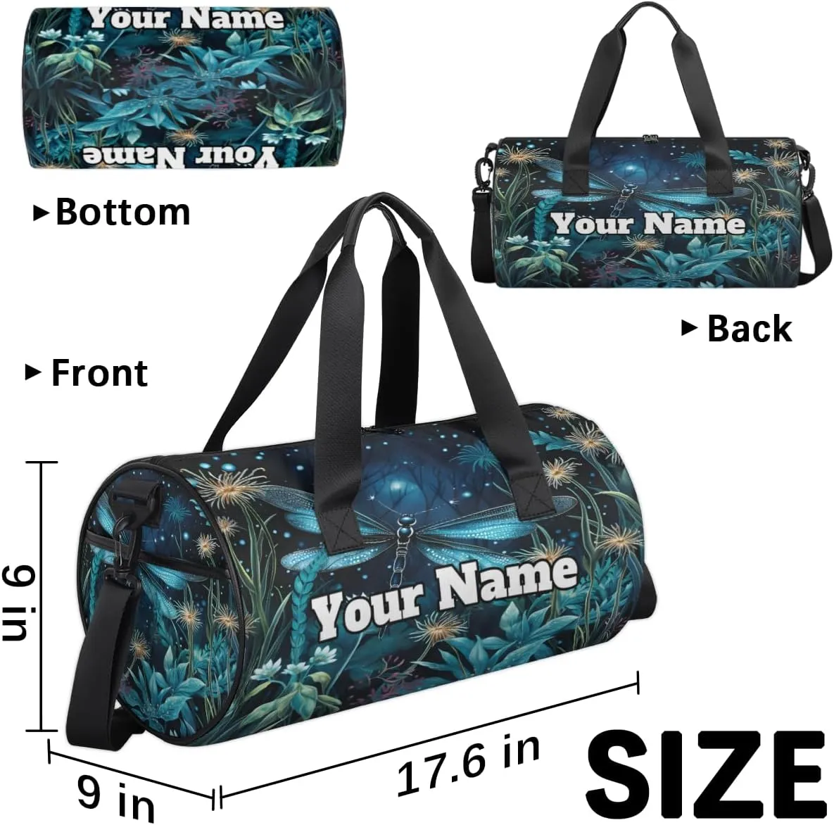 Custom Gym Bag for Women Men with Name, Personalized Dragonfly Duffel Bag for Sports, Waterproof Dance Bag, Lightweight Carryon Gym Bag, Spring Floral