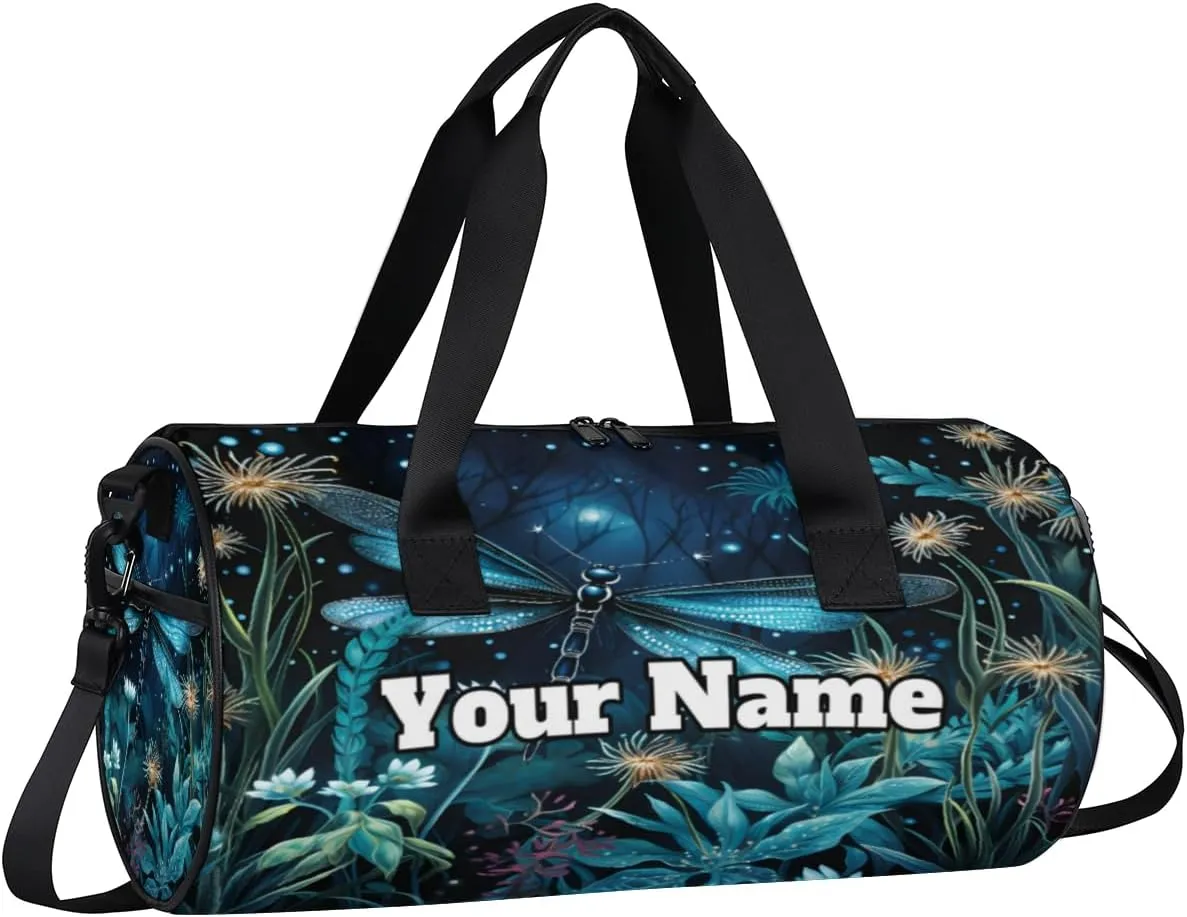 Custom Gym Bag for Women Men with Name, Personalized Dragonfly Duffel Bag for Sports, Waterproof Dance Bag, Lightweight Carryon Gym Bag, Spring Floral