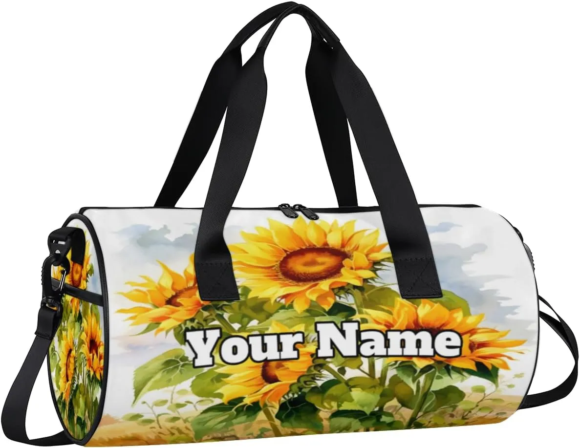 Custom Gym Bag for Women Men with Name, Personalized Farm Sunflower Duffel Bag for Sports, Waterproof Dance Bag, Lightweight Carryon Gym Bag, Plant