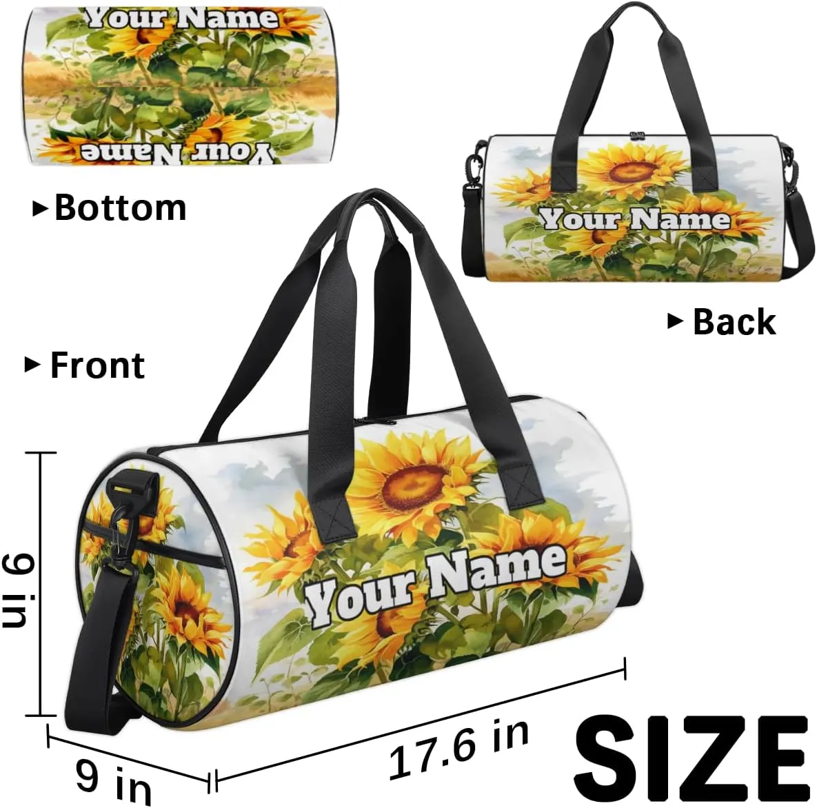 Custom Gym Bag for Women Men with Name, Personalized Farm Sunflower Duffel Bag for Sports, Waterproof Dance Bag, Lightweight Carryon Gym Bag, Plant