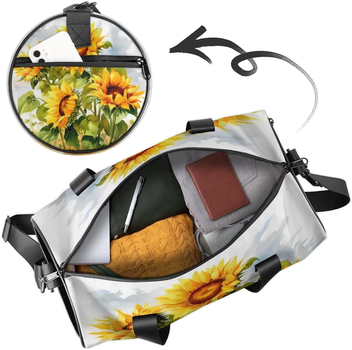 Custom Gym Bag for Women Men with Name, Personalized Farm Sunflower Duffel Bag for Sports, Waterproof Dance Bag, Lightweight Carryon Gym Bag, Plant