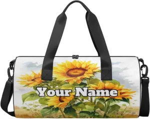 Custom Gym Bag for Women Men with Name, Personalized Farm Sunflower Duffel Bag for Sports, Waterproof Dance Bag, Lightweight Carryon Gym Bag, Plant