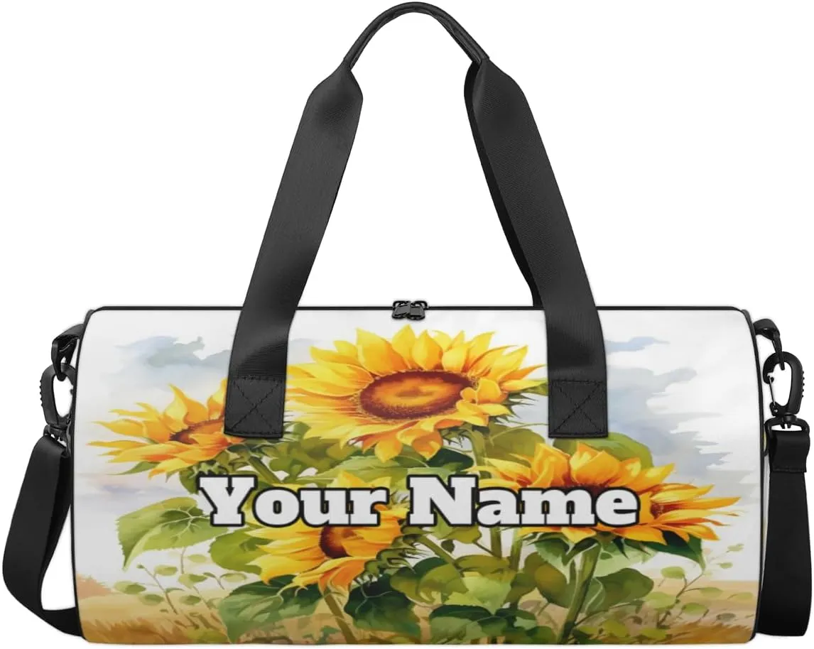 Custom Gym Bag for Women Men with Name, Personalized Farm Sunflower Duffel Bag for Sports, Waterproof Dance Bag, Lightweight Carryon Gym Bag, Plant