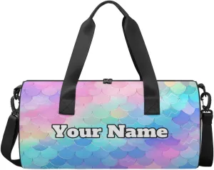 Custom Gym Bag for Women Men with Name, Personalized Fish Scale Duffel Bag for Sports, Waterproof Dance Bag, Lightweight Carryon Gym Bag, Rainbow Fish Scale