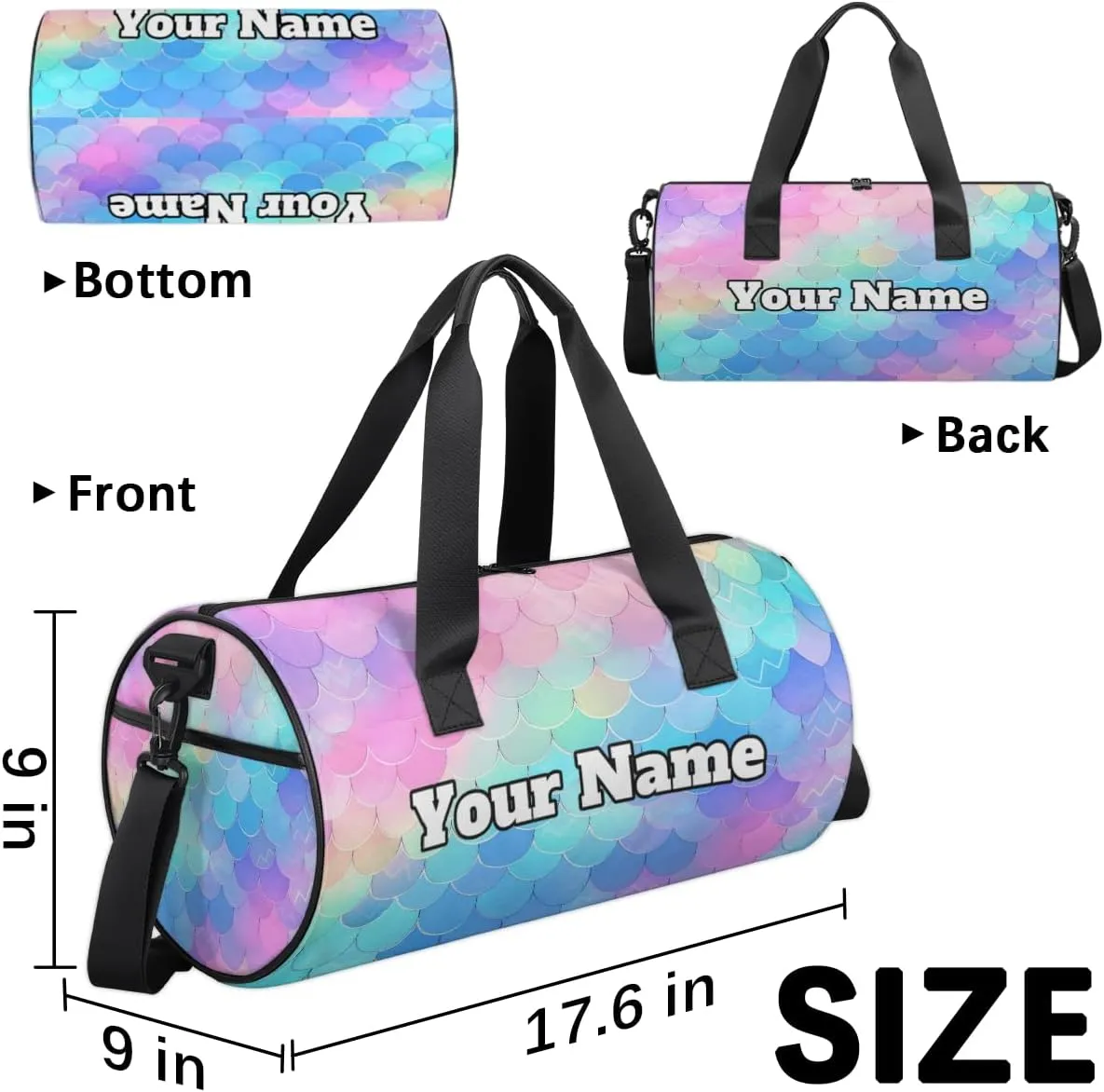 Custom Gym Bag for Women Men with Name, Personalized Fish Scale Duffel Bag for Sports, Waterproof Dance Bag, Lightweight Carryon Gym Bag, Rainbow Fish Scale