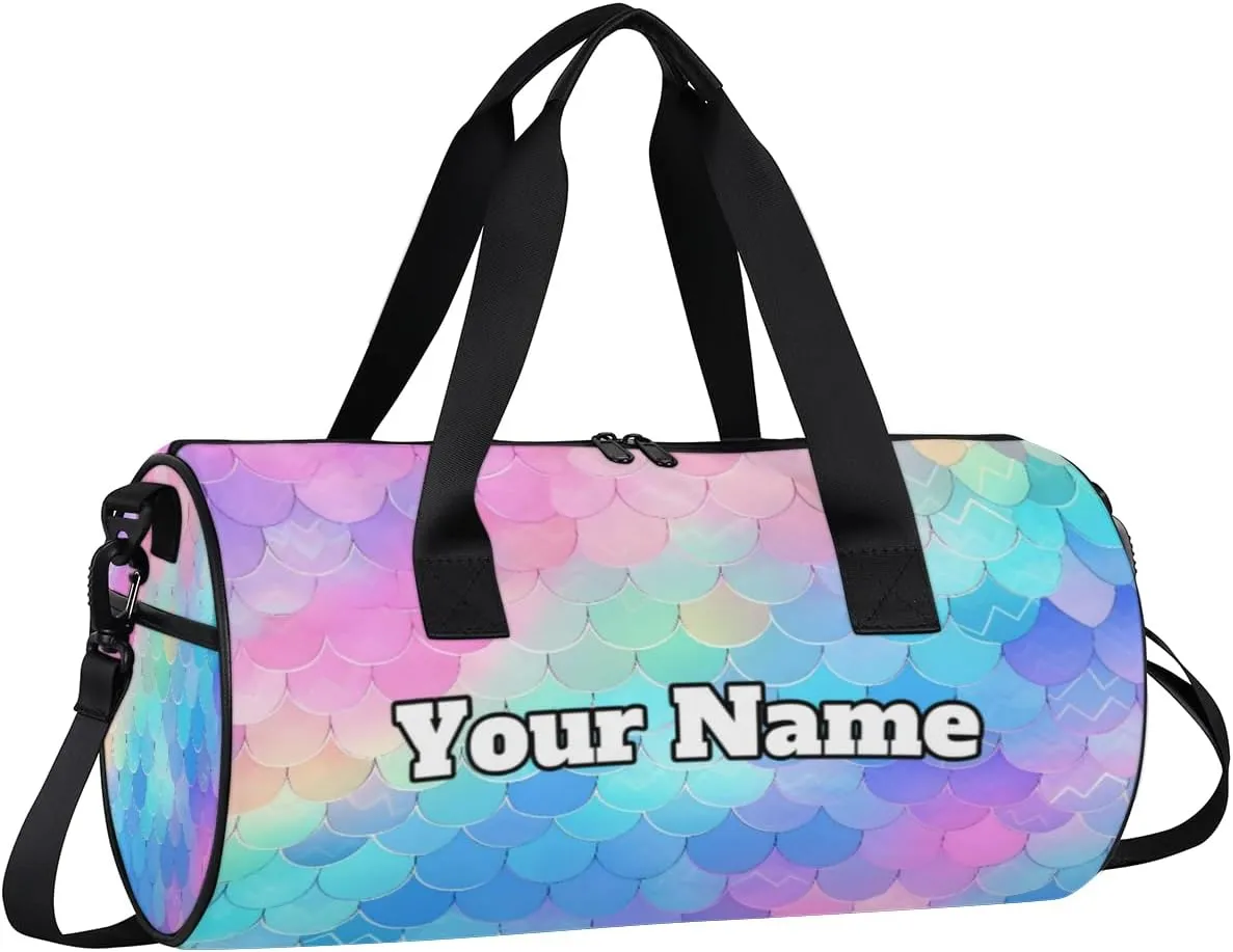 Custom Gym Bag for Women Men with Name, Personalized Fish Scale Duffel Bag for Sports, Waterproof Dance Bag, Lightweight Carryon Gym Bag, Rainbow Fish Scale