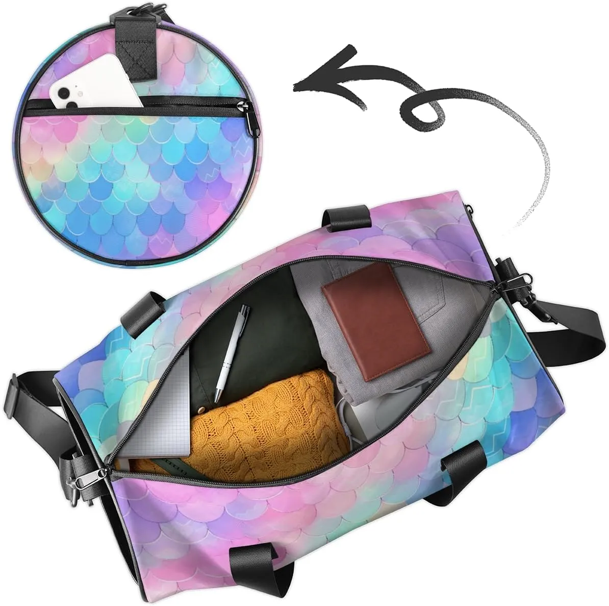Custom Gym Bag for Women Men with Name, Personalized Fish Scale Duffel Bag for Sports, Waterproof Dance Bag, Lightweight Carryon Gym Bag, Rainbow Fish Scale