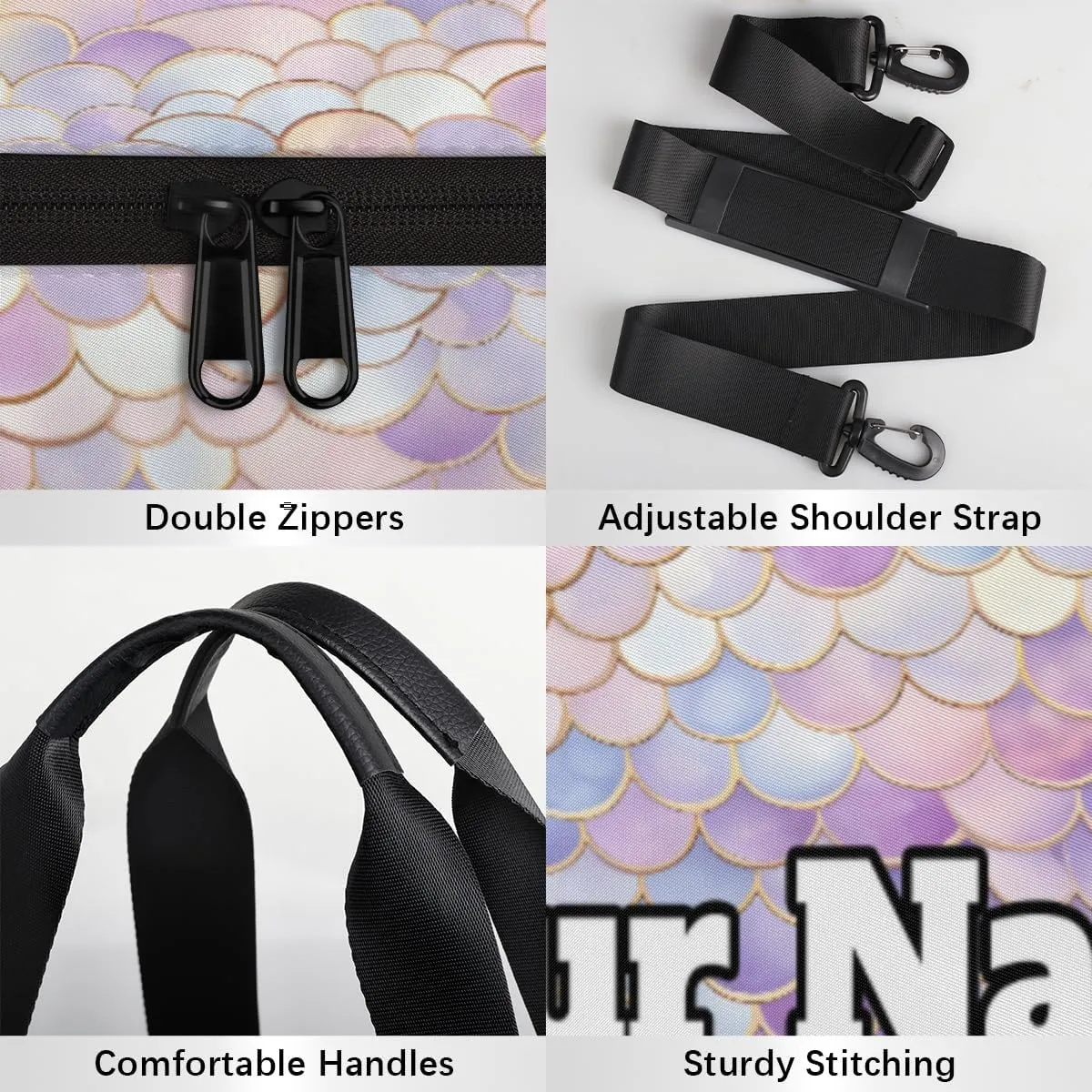 Custom Gym Bag for Women Men with Name, Personalized Fish Scales Duffel Bag for Sports, Waterproof Dance Bag, Lightweight Carryon Gym Bag, Mermaids
