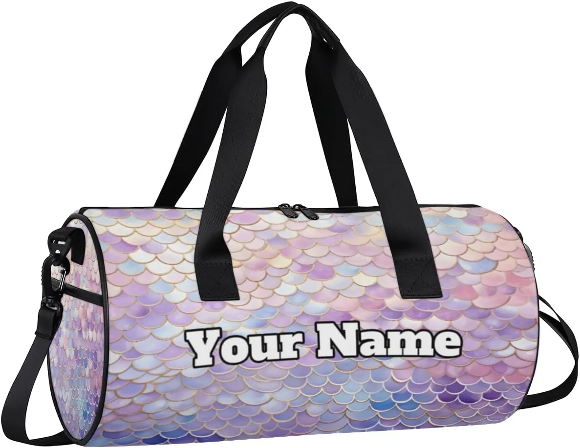 Custom Gym Bag for Women Men with Name, Personalized Fish Scales Duffel Bag for Sports, Waterproof Dance Bag, Lightweight Carryon Gym Bag, Mermaids