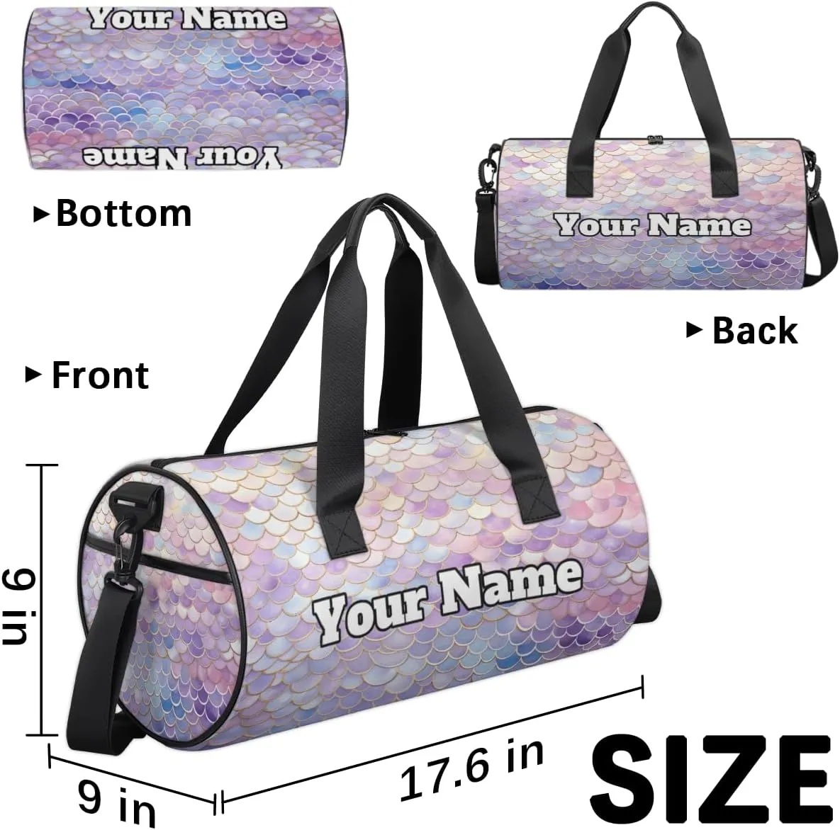 Custom Gym Bag for Women Men with Name, Personalized Fish Scales Duffel Bag for Sports, Waterproof Dance Bag, Lightweight Carryon Gym Bag, Mermaids