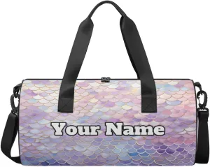 Custom Gym Bag for Women Men with Name, Personalized Fish Scales Duffel Bag for Sports, Waterproof Dance Bag, Lightweight Carryon Gym Bag, Mermaids