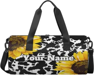Custom Gym Bag for Women Men with Name, Personalized Funny Sunflower Duffel Bag for Sports, Waterproof Dance Bag, Lightweight Carryon Gym Bag, Cow