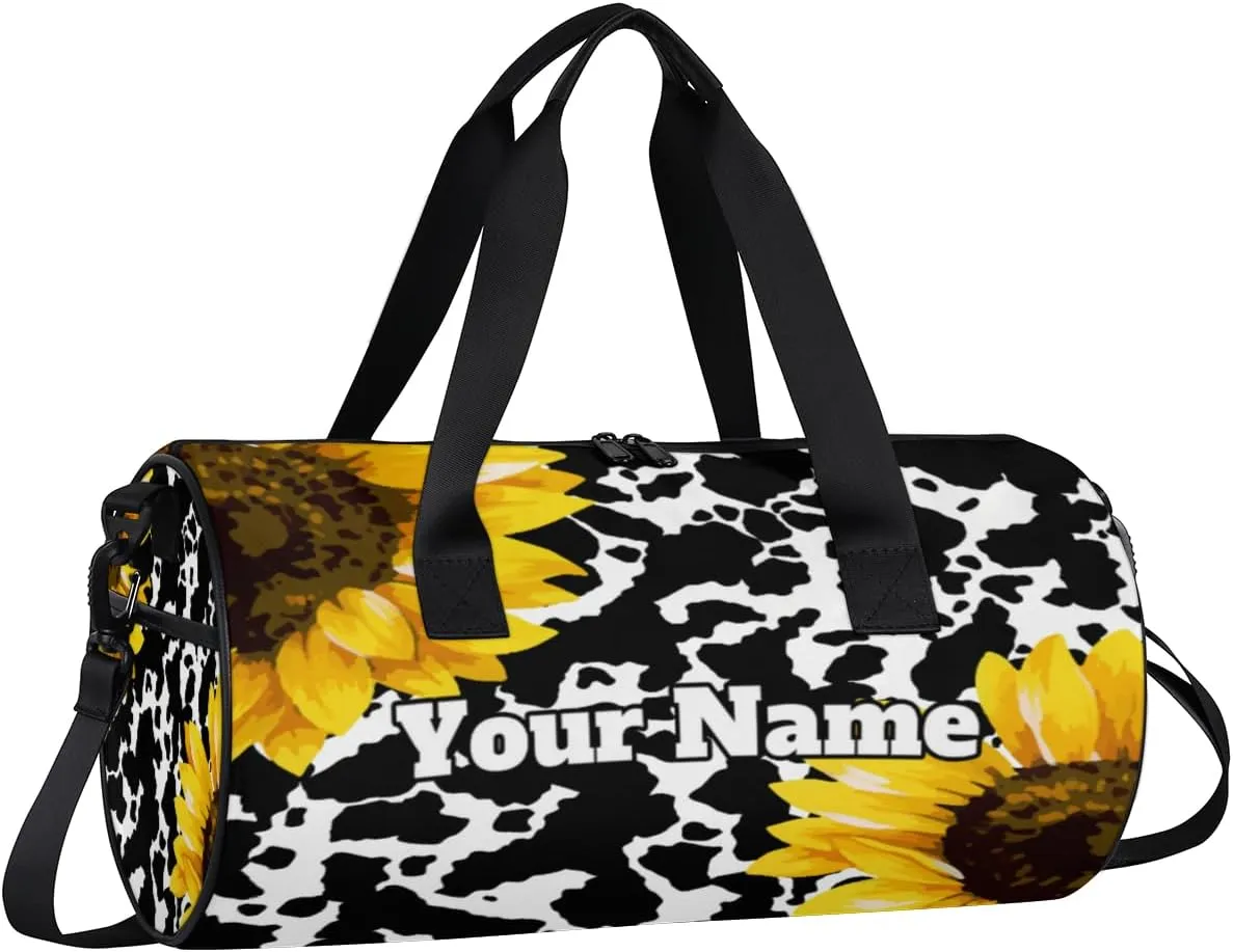 Custom Gym Bag for Women Men with Name, Personalized Funny Sunflower Duffel Bag for Sports, Waterproof Dance Bag, Lightweight Carryon Gym Bag, Cow