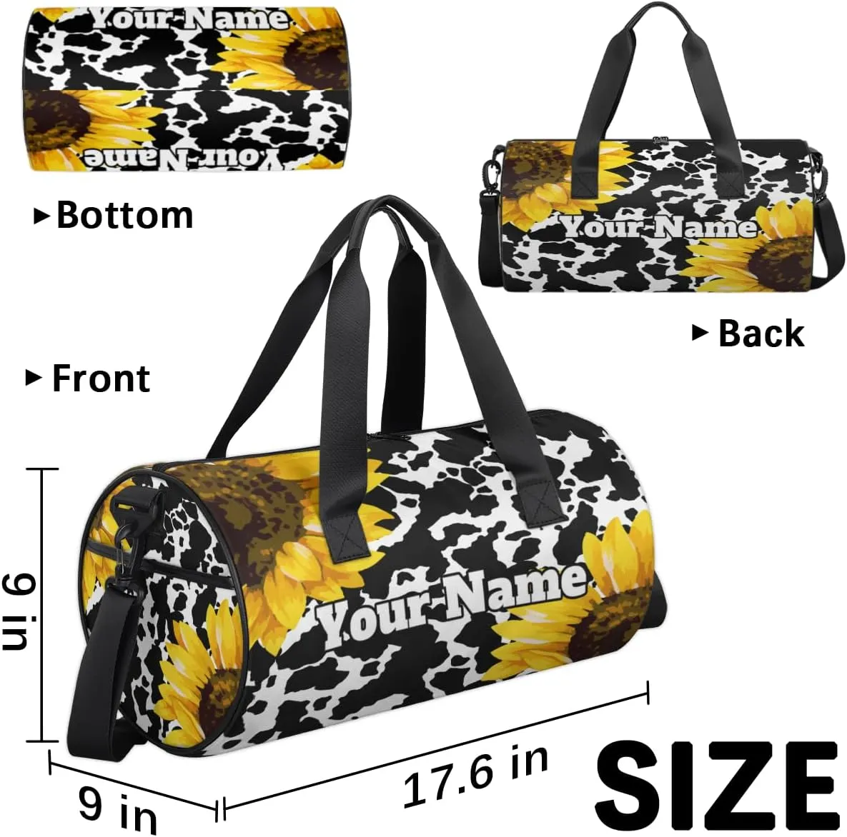 Custom Gym Bag for Women Men with Name, Personalized Funny Sunflower Duffel Bag for Sports, Waterproof Dance Bag, Lightweight Carryon Gym Bag, Cow