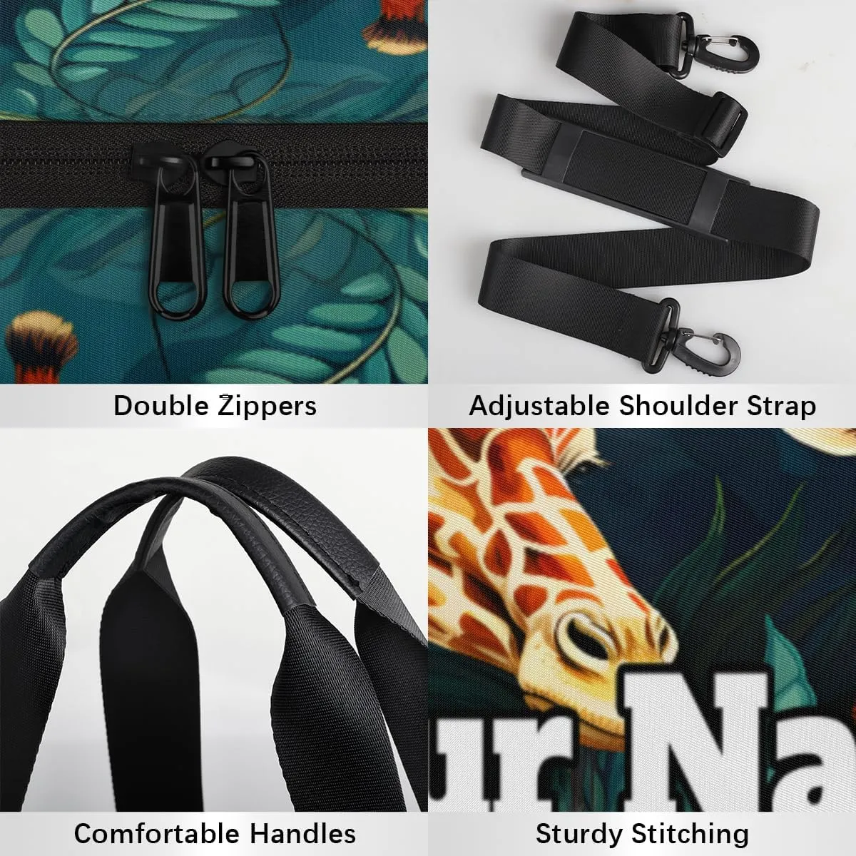 Custom Gym Bag for Women Men with Name, Personalized Giraffe Duffel Bag for Sports, Waterproof Dance Bag, Lightweight Carryon Gym Bag, Tropical Palm Leaves