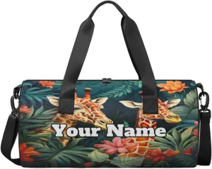 Custom Gym Bag for Women Men with Name, Personalized Giraffe Duffel Bag for Sports, Waterproof Dance Bag, Lightweight Carryon Gym Bag, Tropical Palm Leaves